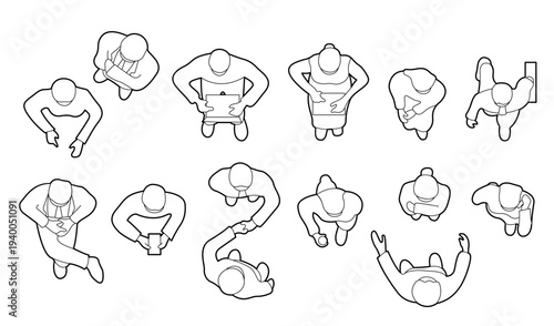 set of people walking, standing and sitting top view in office. plan drawings outline illustration for architectural. men, women and businessman.