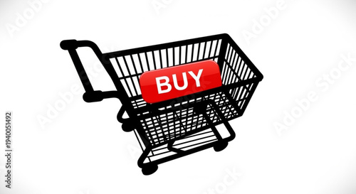 Shopping cart illustration with red buy label on a clean white background viewed from the side