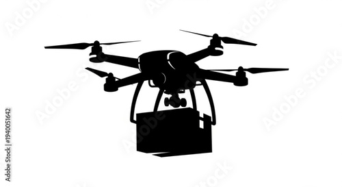 Aerial drone with camera flying in open space viewed from below with four rotors and equipment attached