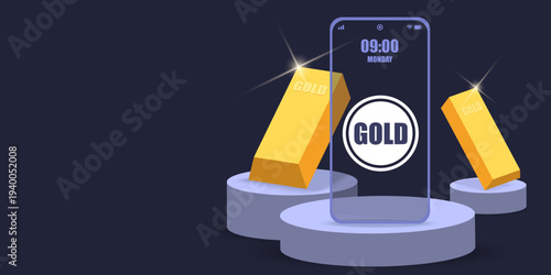 3D isometric mobile phone with gold bars on purple podiums, representing digital gold trading, finance app, and online wealth management on a dark background.