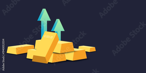 A stack of 3D gold ingots featuring upward-pointing cyan arrows, representing a positive gold price trend, wealth accumulation, and financial success on a dark background.