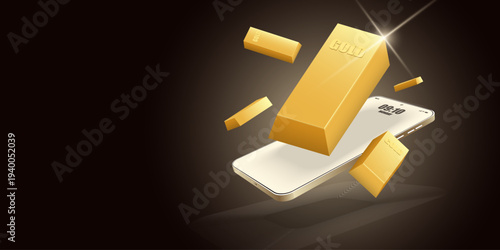 A 3D gold bar and smaller ingots hovering above a sleek white smartphone. This represents digital gold trading, mobile banking, and wealth management on a dark brown background.