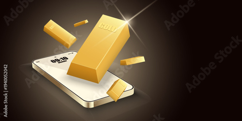 A 3D image featuring shiny gold bars floating and flying over a modern smartphone screen, representing mobile trading, digital banking, and financial success.