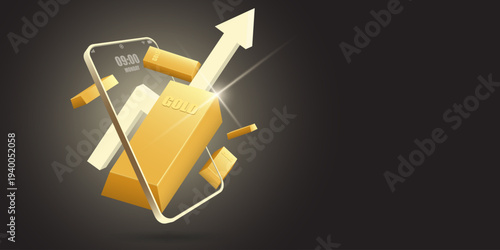 3D gold bars with a bright upward arrow emerging through a glowing smartphone frame. Represents digital gold investment, mobile trading, and financial profit on a dark background.