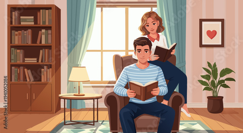 Cozy Living Room Scene Vector illustration of a young couple enjoying a quiet evening reading books together in comfortable armchairs