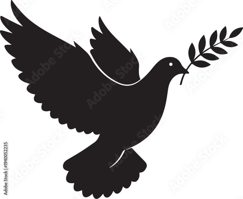 Black dove silhouette with olive branch in beak flying