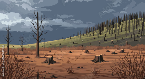 Deforestation vector illustration depicting a barren landscape with tree stumps and dry vegetation under a stormy sky, environmental destruction