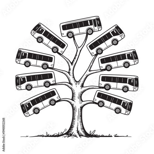 A whimsical tree with bus shaped leaves in a black and white illustration