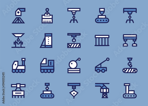 Lifting machinery icons displayed on a light blue background grid.