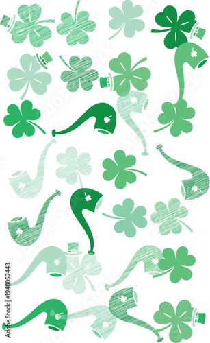 A pattern of green shamrocks and smoking pipes, some with hats, in a hand-drawn style, celebrating St. Patrick's Day.