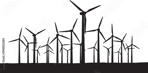 Silhouette of wind turbines on a white background landscape
