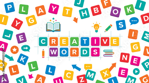 Colorful word tiles with letters and symbols creating a vibrant creative atmosphere