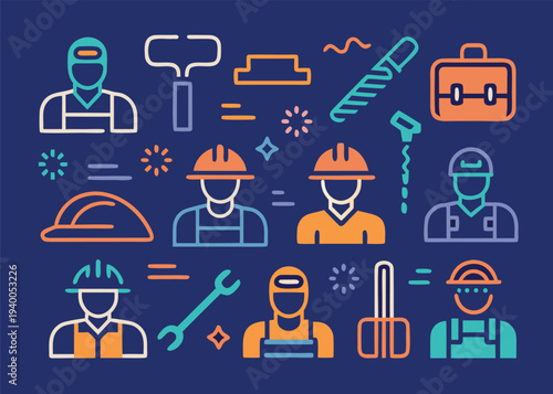 Worker profile icons and various manual labor tools are arranged in a stylized grid with orange and light blue color accents on a dark navy background.