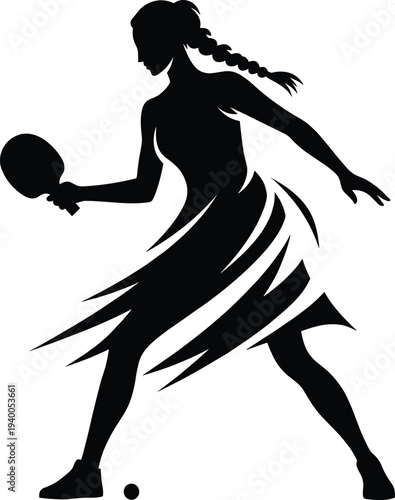Female table tennis player silhouette in dynamic ping pong action pose holding paddle and ball, professional indoor sport athlete illustration isolated on white background