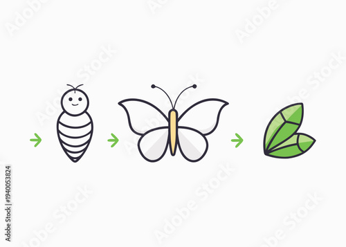 Three icons depicting a larva a butterfly and green leaves are connected by green arrows to show a biological progression on a grey background.