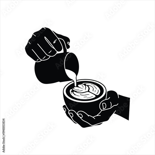 Barista making latte art, pouring milk into coffee, coffee cup with foam design, black and white vector illustration