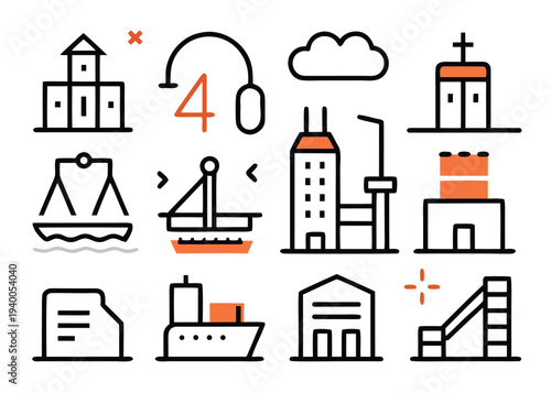 A set of twelve harbor and seaport icons featuring black line art with orange color highlights arranged on a white background for logistics design.