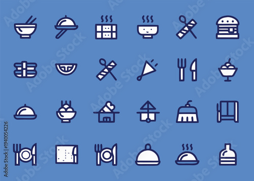 Twenty four white and blue vector icons representing diverse food service elements like sushi and ice cream arranged on a blue background.