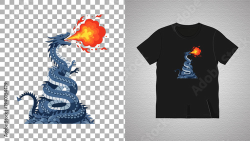 Black T-shirt featuring a blue dragon design with flames on a graphic illustration
