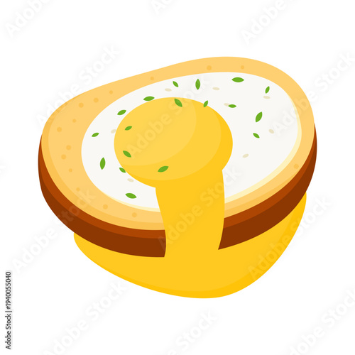 Egg in a Basket Breakfast Illustration Featuring Toasted Bread with Sunny Side Up Egg, Golden Runny Yolk Dripping Over Crispy Toast and Sprinkled Green Herbs