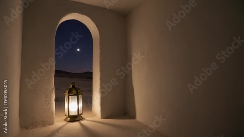 Traditional lantern illuminating an archway with a moonlit desert view