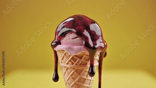 Sweet strawberry ice cream cone dripping with dark berry syrup