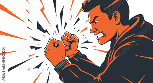 Angry Man Clenched Fists, Frustration and Rage, Aggressive Emotion, Bursting Energy