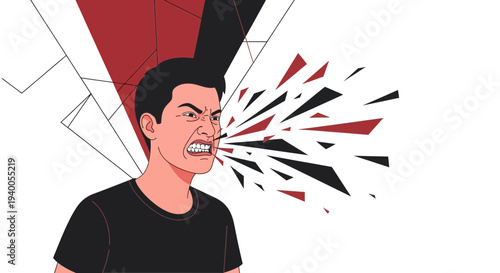 Angry man shouting, abstract explosion of rage and frustration, vector illustration