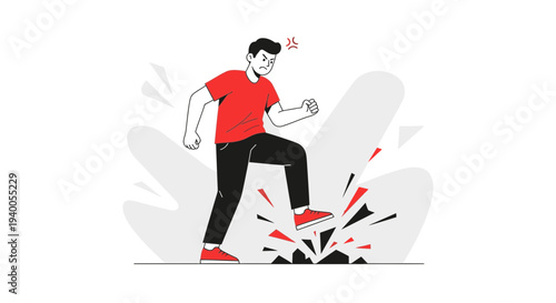 Angry Man Stomping and Breaking Ground, Frustration and Aggression Concept