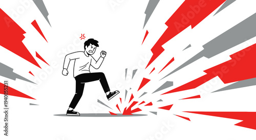 Angry man stomping, breaking ground with explosive red and grey shards, symbolizing frustration and rage.