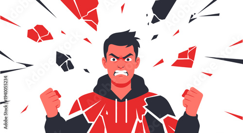 Angry man with clenched fists and explosive rage, breaking apart.