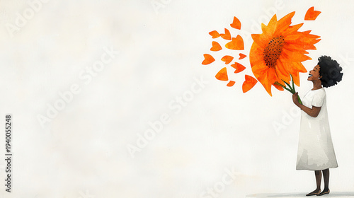 Watercolor illustration woman sunflower petal heart white background minimalism, joyful female holding giant flower with drifting orange petals