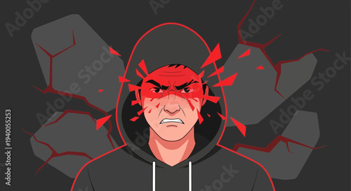 Angry Man with Red Eyes and Shattering Head, Symbolizing Stress and Mental Breakdown