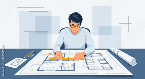 Architect drawing blueprints, planning house design with tools on desk