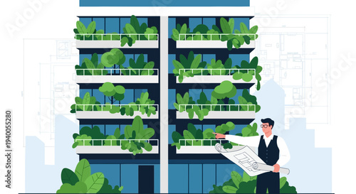 Architect presenting eco-friendly building with vertical gardens and greenery
