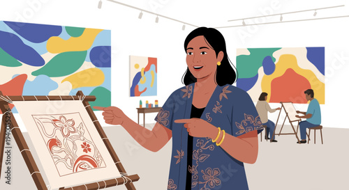 Art class: instructor guides students in painting workshop, creative hobby