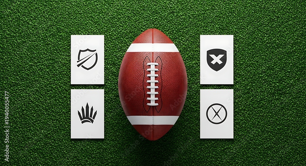 Obraz premium Football on a green turf surrounded by shield icon card: A meticulously arranged scene featuring a football at the heart of a vibrant green expanse, four shield icon cards positioned around it.