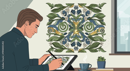 Artist designing floral pattern on tablet, inspired by wall art
