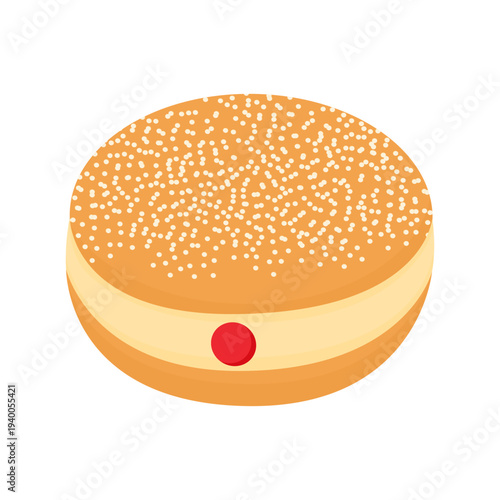 Flat Illustration of Bomboloni Donut with Sugar Topping and Red Jam Filling Side View
