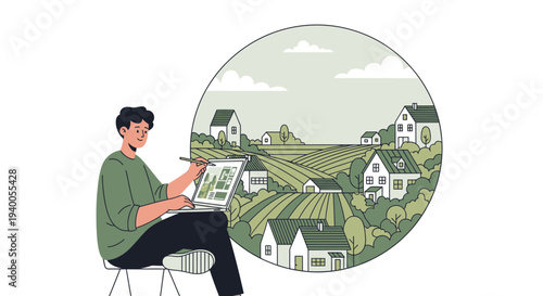Artist drawing a rural village landscape on a tablet, creative concept