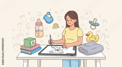 Artist drawing baby items on tablet, surrounded by toys and baby essentials