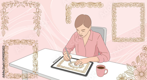 Artist drawing floral frame on tablet, creative work, inspiration, digital art, home office