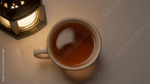 Warm cup of tea beside a glowing lantern