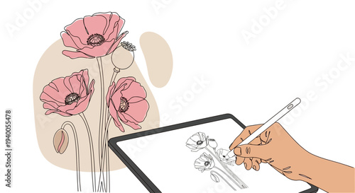 Artist drawing poppies on tablet, digital art creation, floral illustration