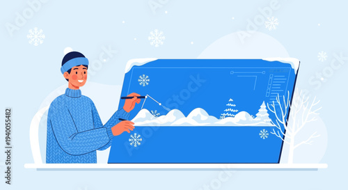 Artist drawing winter landscape on digital tablet, snow falling, creative process