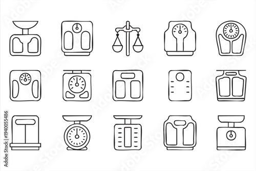 Minimal Outline Weight Measurement Icons With Bathroom Scale And Balance Symbols