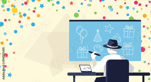 Artist draws birthday party icons on screen, celebrating creativity and fun