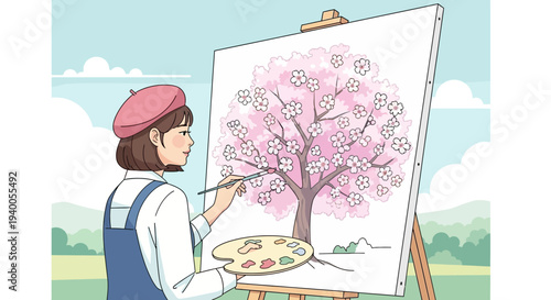 Artist painting a blooming cherry blossom tree on canvas outdoors, spring art creation