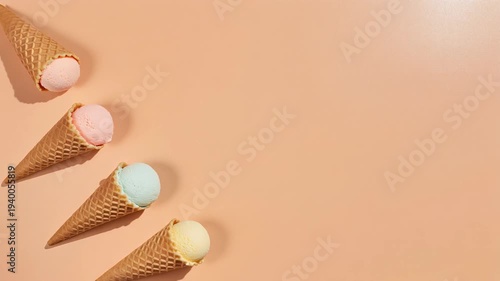 Colorful pastel ice cream cones on a peach background flat lay