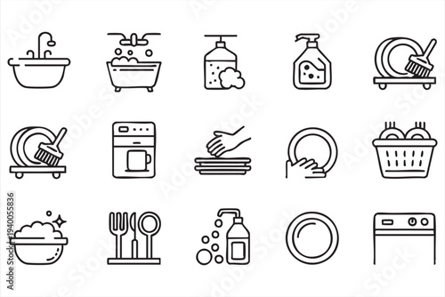 Kitchen Dishwashing And Cleaning Line Icon Set With Dishwasher And Utensils
